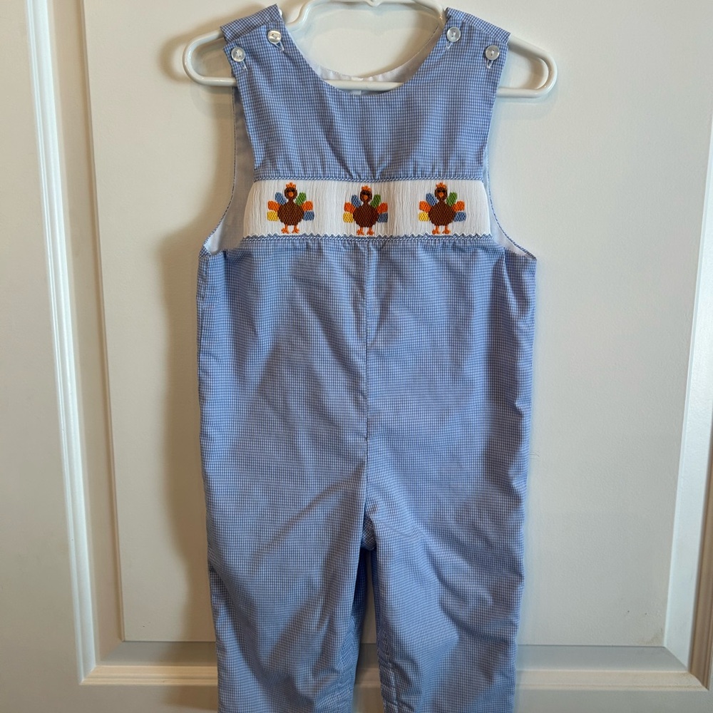 Blue Gingham Cotton Longall with Turkey Embroidery